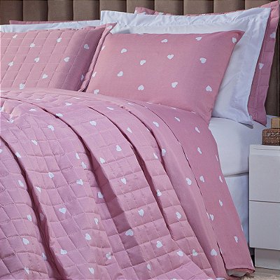 Cobre Leito King 3 Peças Matelado Dupla Face Estampado Corações