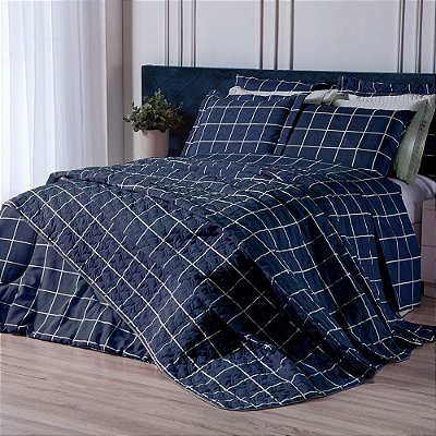 Cobre Leito Estampado Matelado Solteiro 2 Peças Grid Marinho
