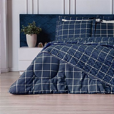 Cobre Leito Casal Padrão 3 Peças Estampado Grid Marinho
