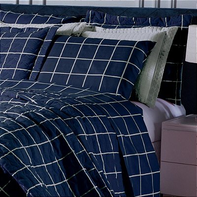 Cobre Leito Colcha Queen 3 Peças Estampado Dupla face Grid Marinho