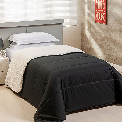 Coberdrom SOLTEIRO Percal 200 Fios Com Sherpa Flupy Preto
