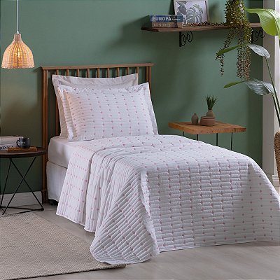 Cobre Leito 2 Peças SOLTEIRO Percal 200 Fios Decor Branco/Pink