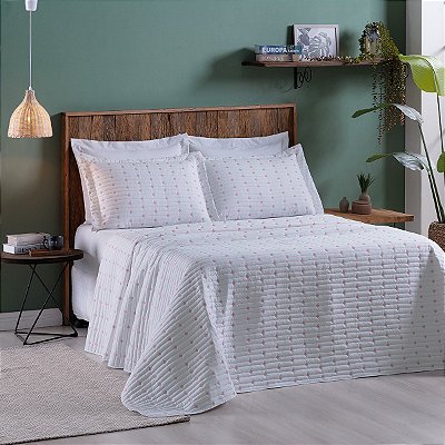 Cobre Leito 3 Peças CASAL Percal 200 Fios Decor Branco/Pink