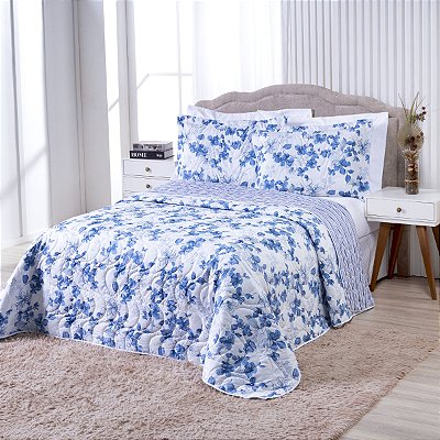 Cobre Leito 3 Peças Colori QUEEN Percal 200 Fios Flores Azuis