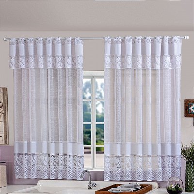 Cortina De Cozinha Bella Janela Renda Com Bandô 2,20m x 1,25m Branca
