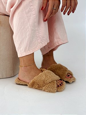 Chinelo de Pelo, Feminino Puff - Café com Leite