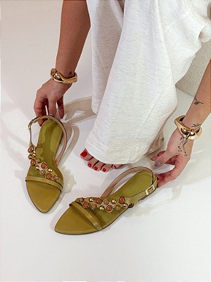 Rasteira Feminina Maysa – Verde Alecrim com Aplicações