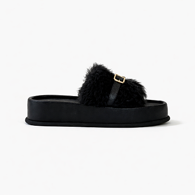 Tamanco Flat Feminino Liz – Preto com Pelo