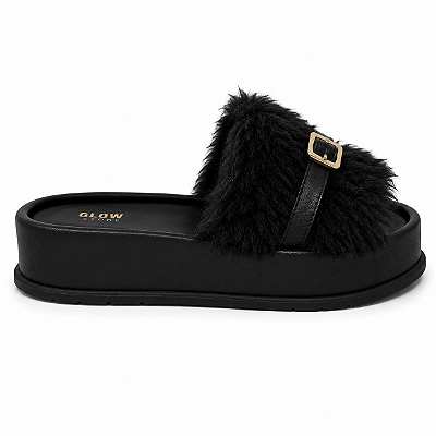 Tamanco Flat Feminino Liz – Preto com Pelo