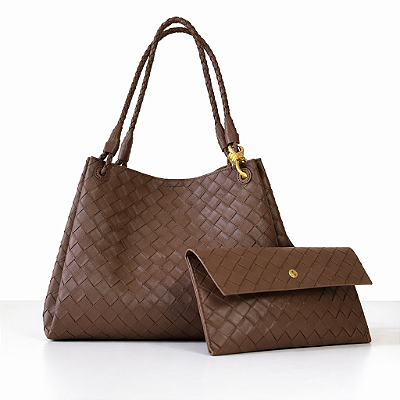 Bolsa Feminina Karina – Café Tramada Grande com Clutch