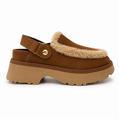 Clog Feminino Mileide – Marrom com Pelo e Ajuste em Velcro
