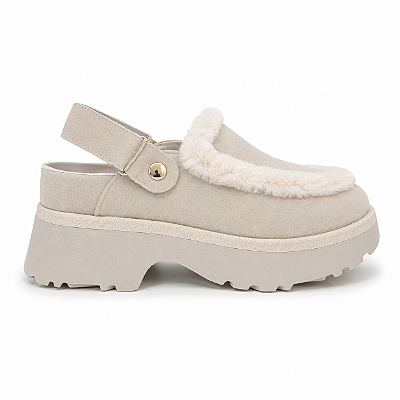 Clog Feminino Mileide – Off White com Pelo e Ajuste em Velcro