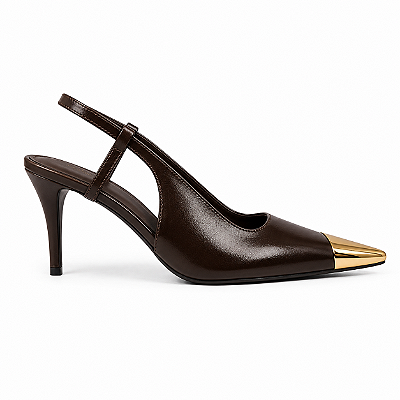 Scarpin Feminino Milão - Café com Bico Dourado e Salto 7 cm