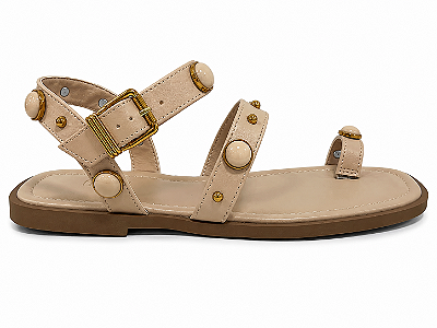 Sandália Rasteira Feminina Melina - Amêndoa com Aplicações | Glow Store