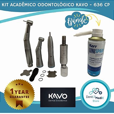KIT ACADEMICO ODONTOLOGICO KAVO SÉRIE 636 CP COM LED + LUBRIFICANTE UNISPRAY KERR