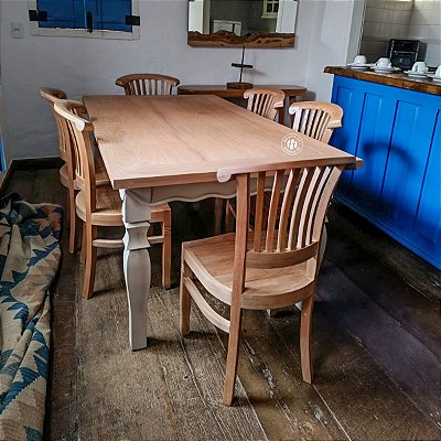 Mesa Fazenda Entalhada na madeira Jequitibá + 6 Cadeiras Lucimar