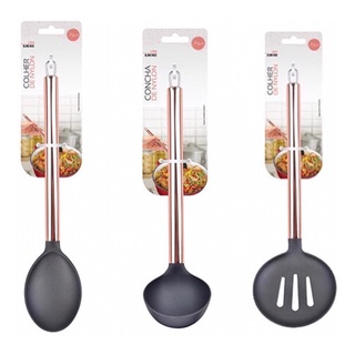 Kit 3 Utensílios de Cozinha Rosê Escumadeira Concha Colher