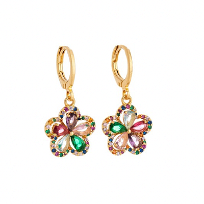 Brinco flor color cravejado com zircônias banhado a ouro 18k