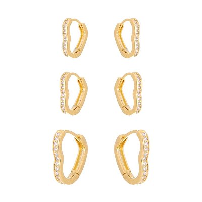 Kit brinco coração cravejado c/ zirc banhado a ouro 18k