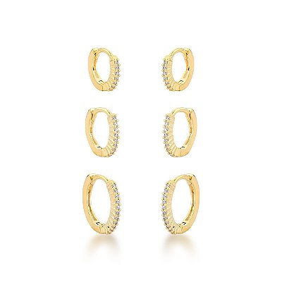 Kit brinco argolas cravejadas c/ zirc banhado a ouro 18k