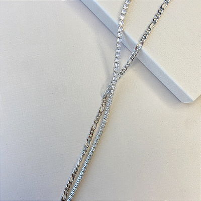 Colar gravata corrente com fio de zircônias banhado a ródio branco