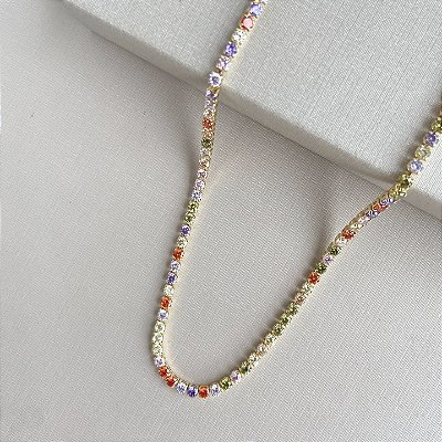 Colar riviera 3mm com zircônias coloridas banhado a ouro 18k