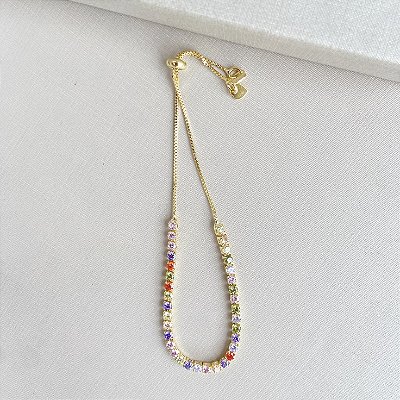 Pulseira riviera colorida 3mm banhada a ouro 18k