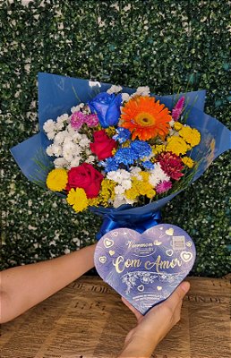 Arranjo Buquê MIX de Flores Blue com Chocolate Viermon