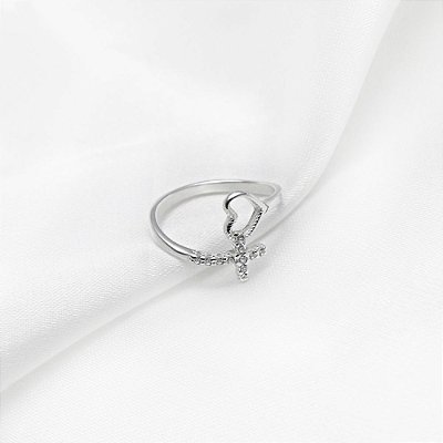 Anel Coração e Cruz - Prata