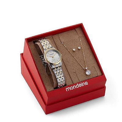 Kit Relógio Mondaine Prata/Dourado com Semi Joia 32608LPMKBE3K1
