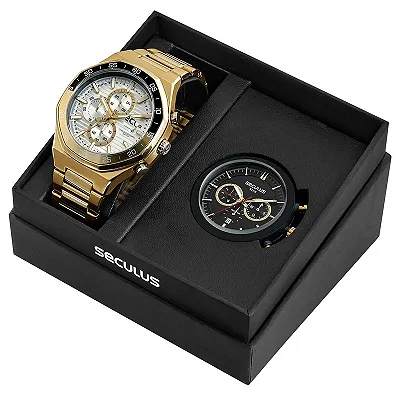 Relógio Seculus Masculino Cronógrafo Troca Caixa Dourado