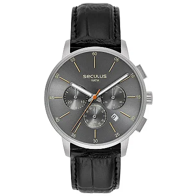 Relógio Seculus Masculino Cronógrafo Couro Preto
