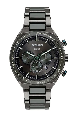 Relógio Seculus Masculino Cronógrafo Preto Cerâmica