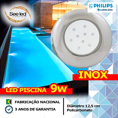 Luminária LED Piscina 9w | 12,5cm | 12v | INOX | IP68 À prova D'água