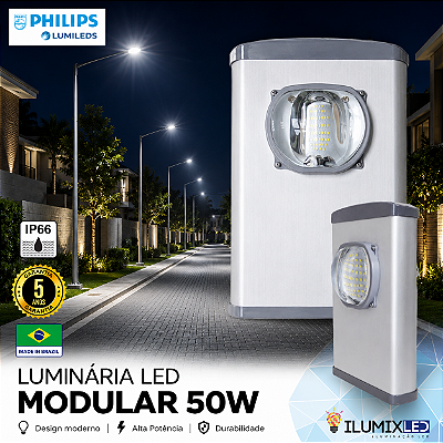 Luminária LED Pública Modular para Poste 50w | Bivolt | IP66 | 7.000 Lúmens | LED PHILIPS | Para Vias ou Condomínio