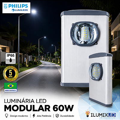 Luminária LED Pública Modular para Poste 60w | Bivolt | IP66 | 8.400 Lúmens | LED PHILIPS | Para Vias ou Condomínio