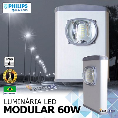 Luminária LED Pública Modular para Poste 60w | Bivolt | IP66 | 8.400 Lúmens | LED PHILIPS | Para Vias ou Condomínio