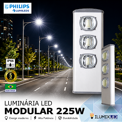 Luminária LED Pública Modular para Poste 225w | Bivolt | IP66 | 31.500 Lúmens | LED PHILIPS | Para Vias ou Condomínio