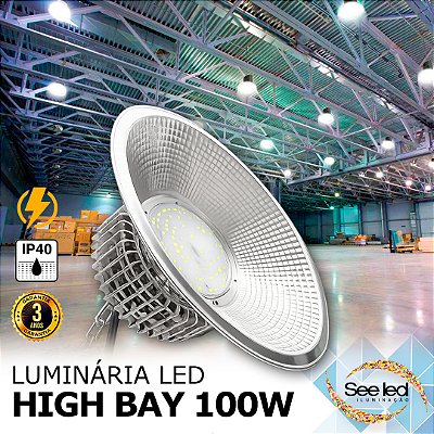 Luminária LED Industrial High Bay 100w | Bivolt | IP40 | 10.000 Lúmens | 6.500k