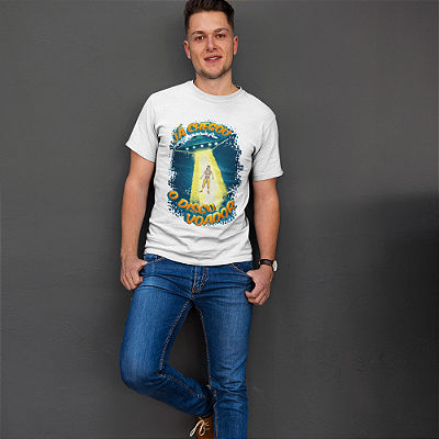 Camiseta Masculina Branca de Algodão Estampada Chaves Disco Voador