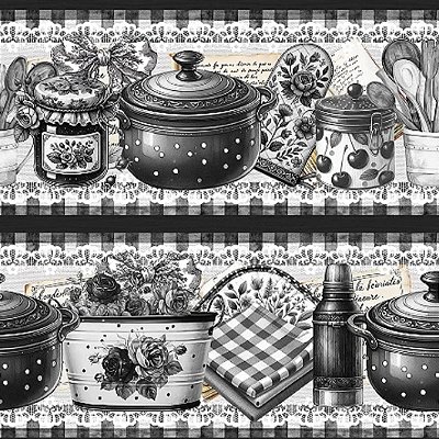 Tricoline Digital Barrado Cozinha Retrô Blcak (0,55cmx1,50mt)
