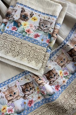 Jogo de toahas p/ banheiro (banho, rosto e lavabo) Gatinhos