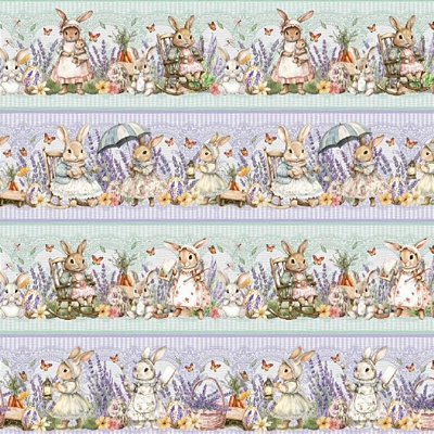 Tricoline Digital Barrado Coelhinhos no Jardim de Lavandas (0,55cmx1,50mt)