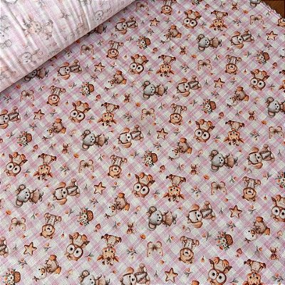 Tecido Fralda Quadriculada 100% algodão Corujinhas Beautiful (0,50cmx75cm)