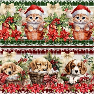 Tecido Tricoline Barrado Digital Natal dos Pets 100% algodão(55cmx1,50mt)