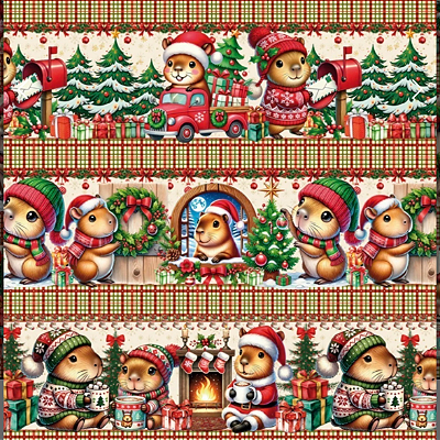Tecido Tricoline Barrado Digital Natal das Capivaras 100% algodão (55cmx1,50mt)