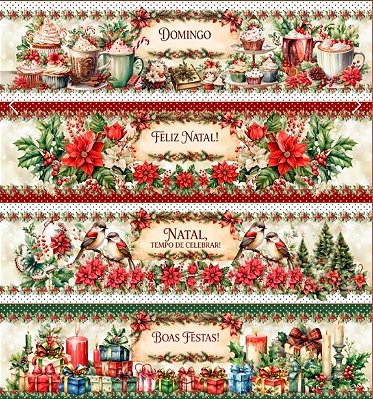 Tecido Tricoline Barrado Digital Semaninha de Natal 100% algodão (55cmx1,50mt)