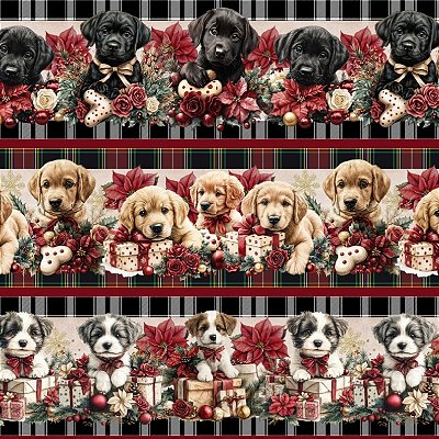 Tecido Tricoline Barrado Digital Cachorrinhos Natalinos 100% algodão (55cmx1,50mt)