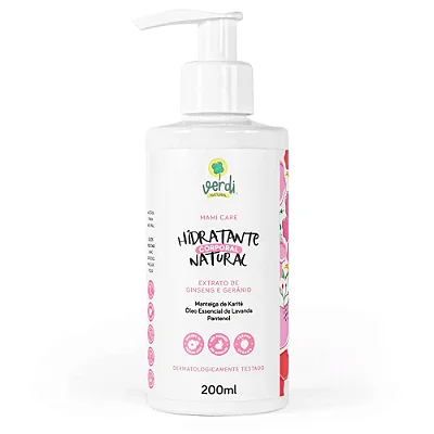 Hidratante Corporal Natural Ginseng e Geranio, Manteiga de Karitê, óleo essencial de Lavanda e Pantenol  200ml - Verdi