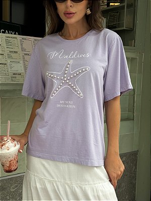 T-Shirt estampada Maldives Island - Lilás Candy c pérolas